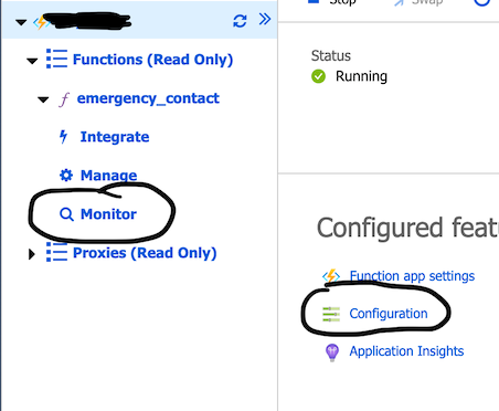 Image shows circled link to monitor the function and to configure the function's environment variables.