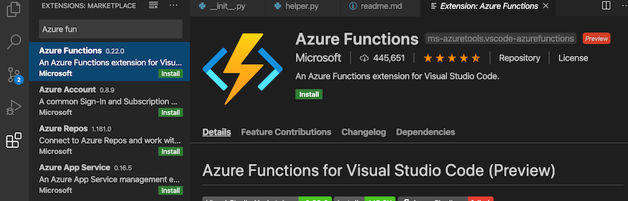 The screenshot shows what it looks like to find the Azure function extension in VS Code.