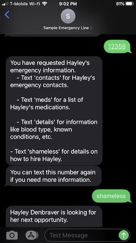 Screenshot of my phone utilizing the texting app. I sent the pin and got instructions back on how to navigate the information.