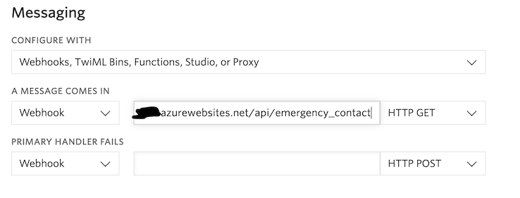 Screenshot of the Twilio phone number UI. When the number is sent a message, a GET request is made to my Azure function endpoint.